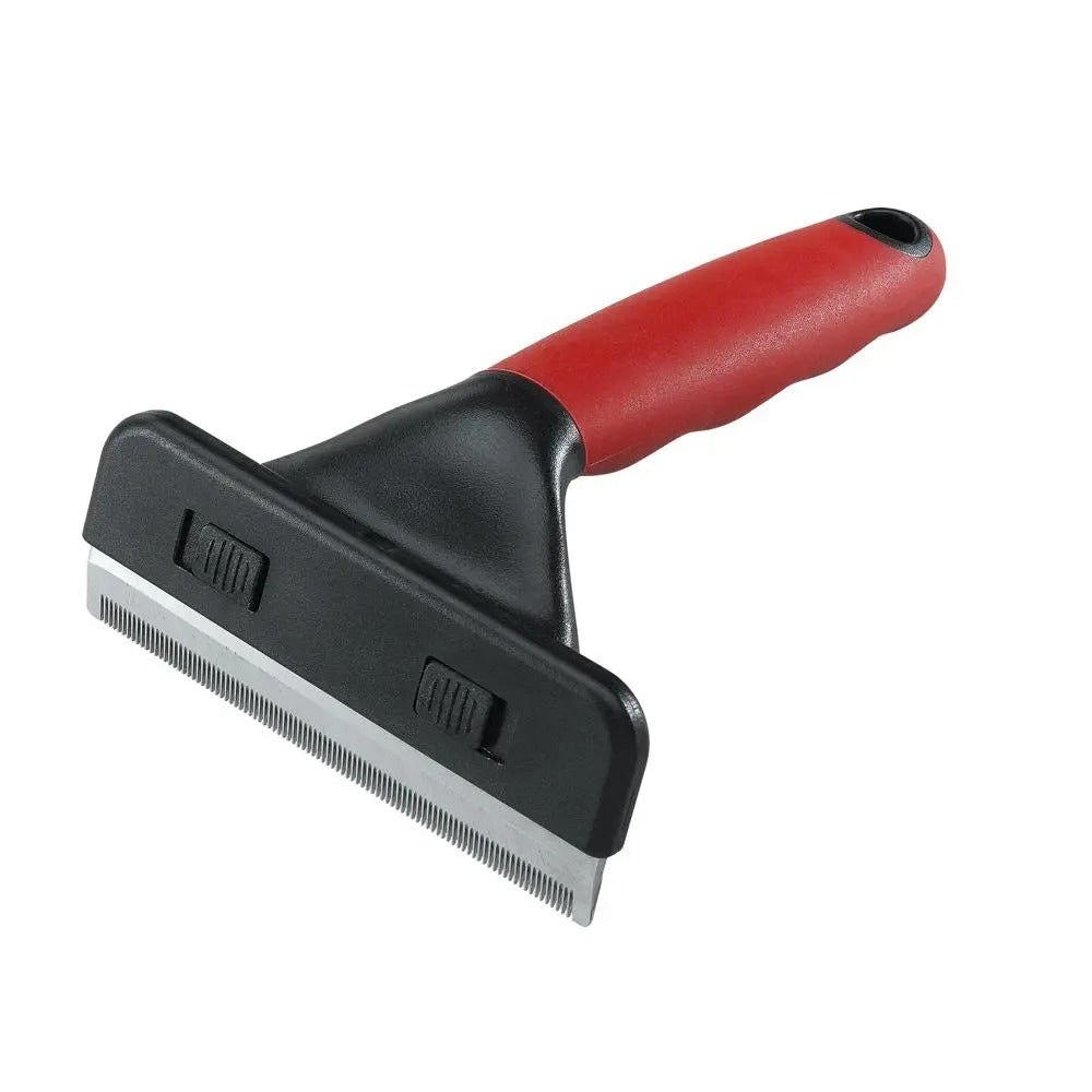 Carda deslanadora para perros y gatos con mango ergonómico rojo y negro y hoja metálica para eliminar pelo muerto