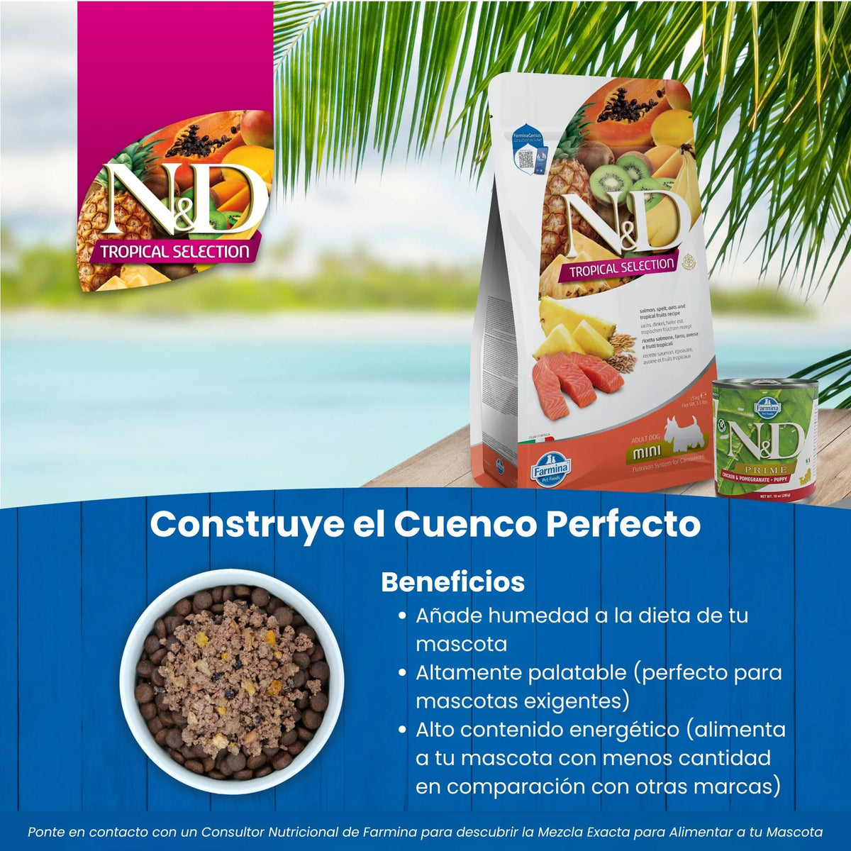 Playa con palmera, un saco, una lata verde ajena a la gama y comida húmeda