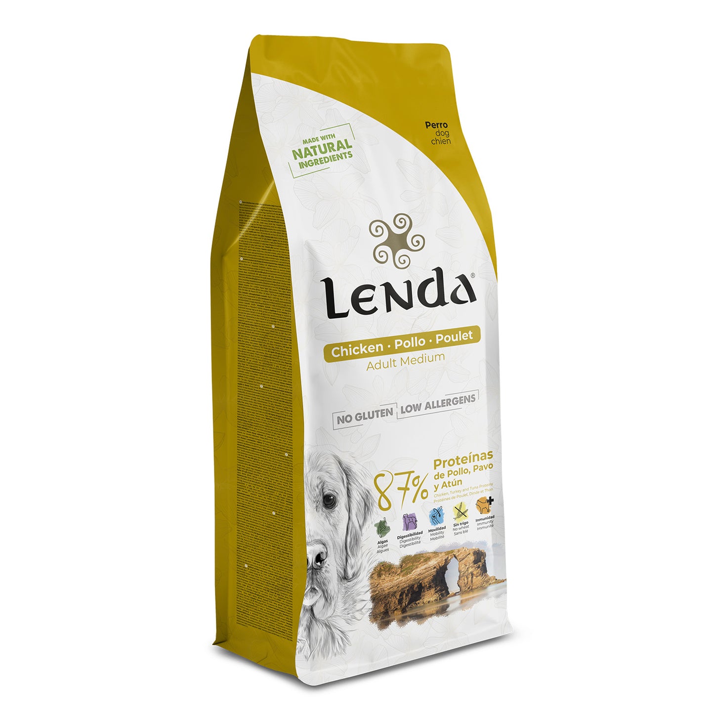 Saco de pienso para perro adulto de raza mediana. Lenda Adult Medium Pollo: Pienso natural sin gluten con 87% de proteína animal.