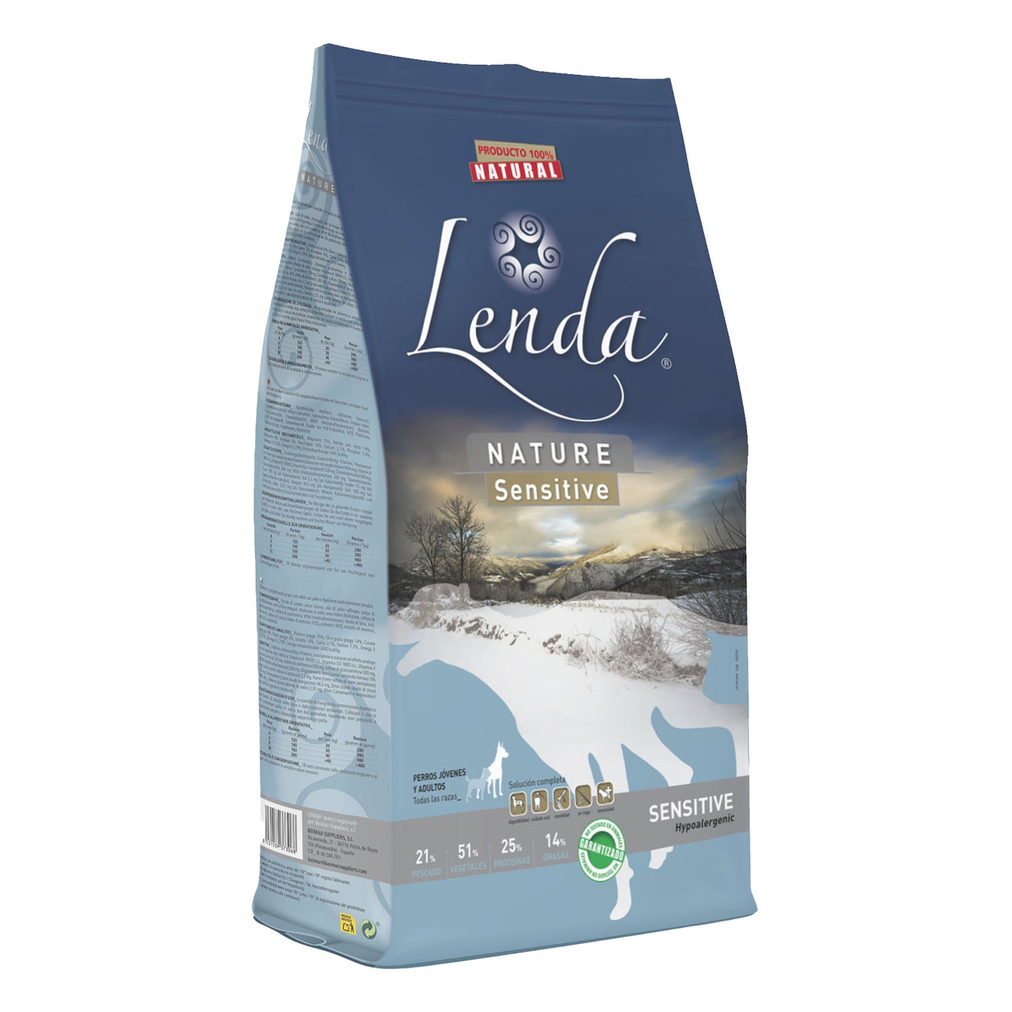Saco de pienso natural Lenda Nature Sensitive hipoalergénico para perros con alergias o digestiones sensibles, con pescado blanco.