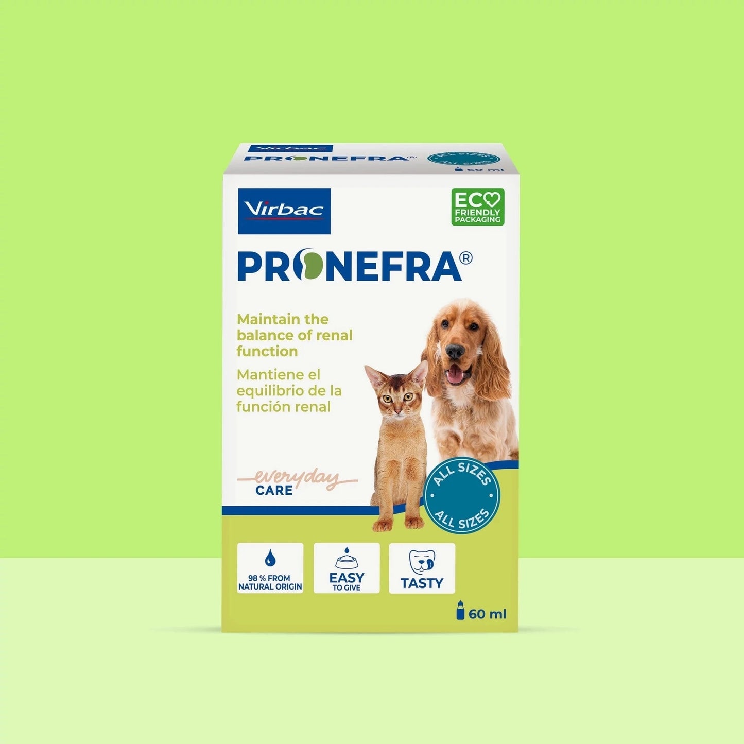Caja Pronefra Virbac 60 ml sobre fondo verde lima con Cocker Spaniel dorado y gato abisinio, iconos 98% origen natural, fácil de dar y apetitoso, y sello ECO FRIENDLY PACKAGING