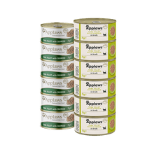 Varias latas Applaws de atún con algas para gatos apiladas en dos columnas.