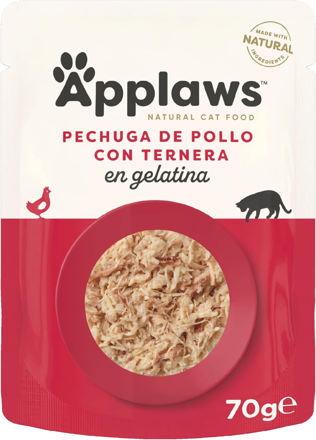 Envase individual de comida húmeda para gatos, con la receta de pollo y ternera en gelatina.