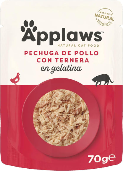Envase individual de comida húmeda para gatos, con la receta de pollo y ternera en gelatina.