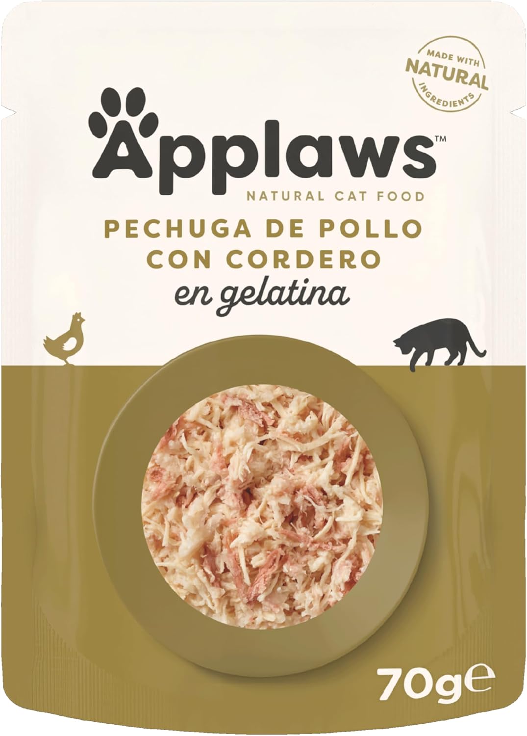 Envase individual de comida húmeda para gatos, con la receta de pollo y cordero en gelatina.