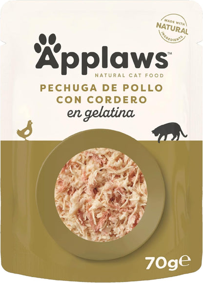 Envase individual de comida húmeda para gatos, con la receta de pollo y cordero en gelatina.