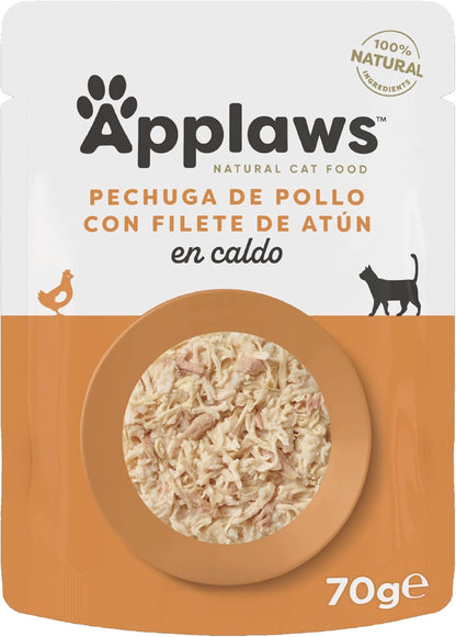 Envase individual del sobre Applaws pollo atún en caldo para gatos