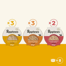 Reparto del pack: tres tarrinas de pechuga de pollo, tres con huevas de atún y dos con pato