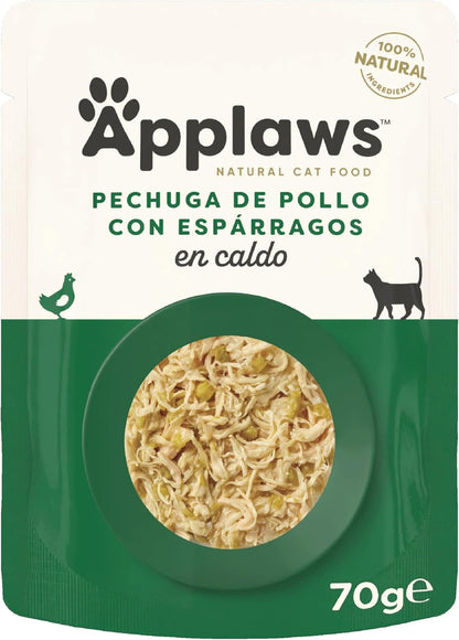 Envase individual del sobre Applaws pollo espárragos en caldo para gatos