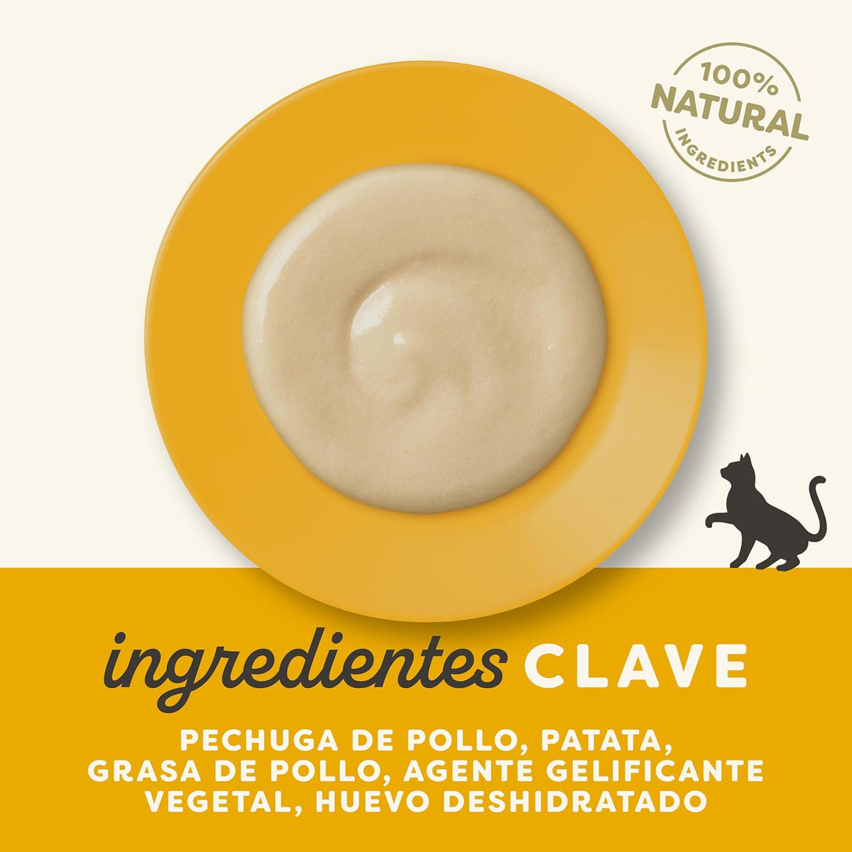 Plato amarillo con el puré y sus ingredientes: pechuga de pollo, patata, grasa de pollo y huevo