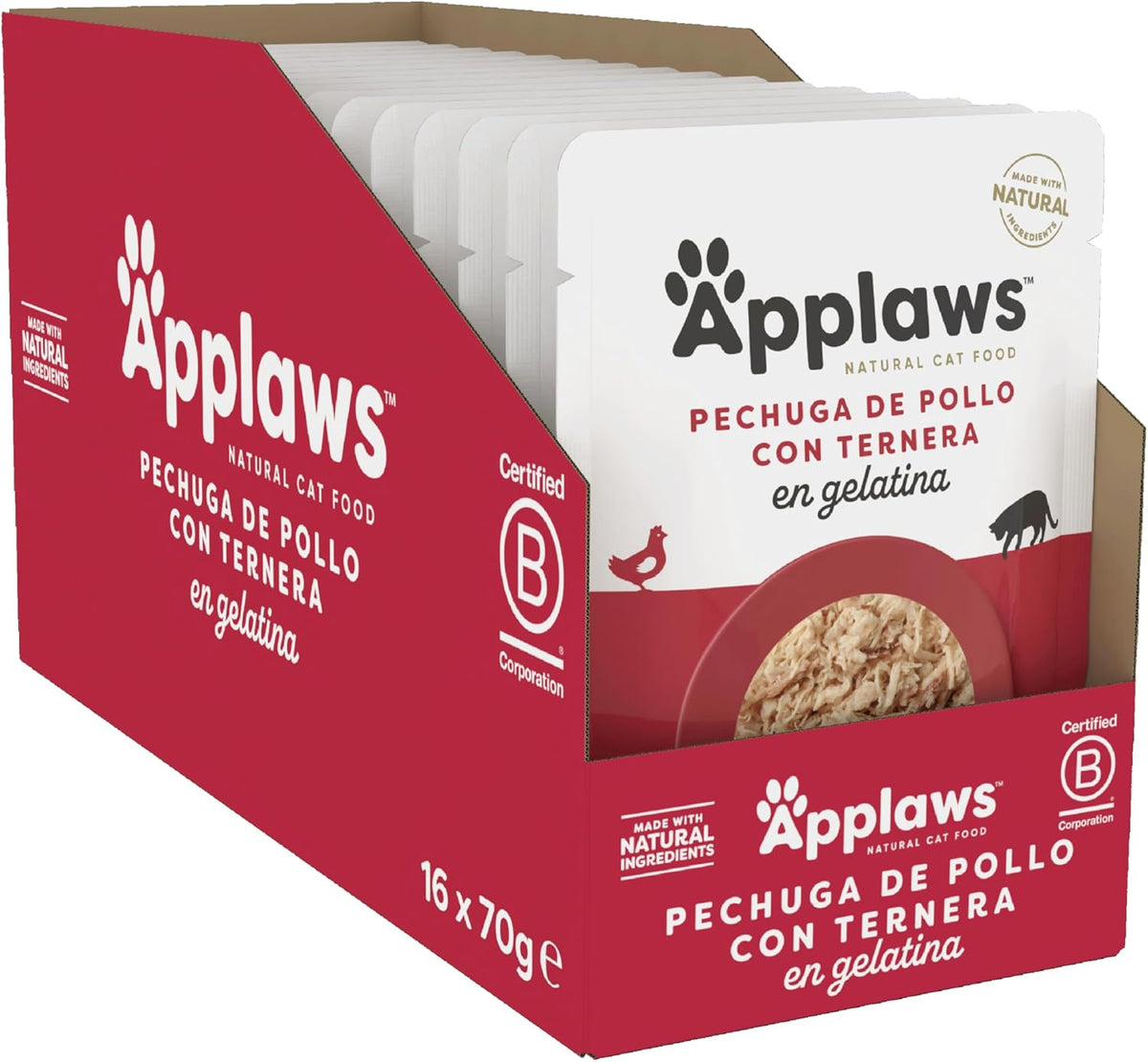 Caja con dieciséis raciones individuales de comida húmeda para gatos, en formato de bolsita.