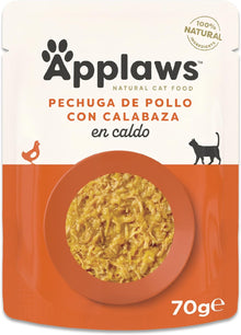 Envase individual del sobre Applaws pollo calabaza en caldo para gatos