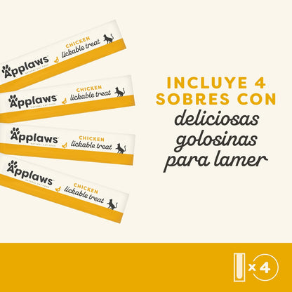 Los cuatro sobres de 15 g en fila junto al rótulo de golosinas para lamer