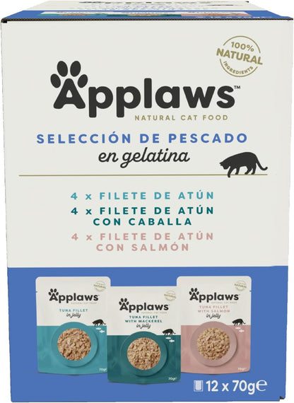 Caja del multipack Applaws sobres pescado en gelatina para gatos, tres recetas