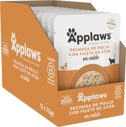 Caja de 12 sobres Applaws de pechuga de pollo con filete de atún