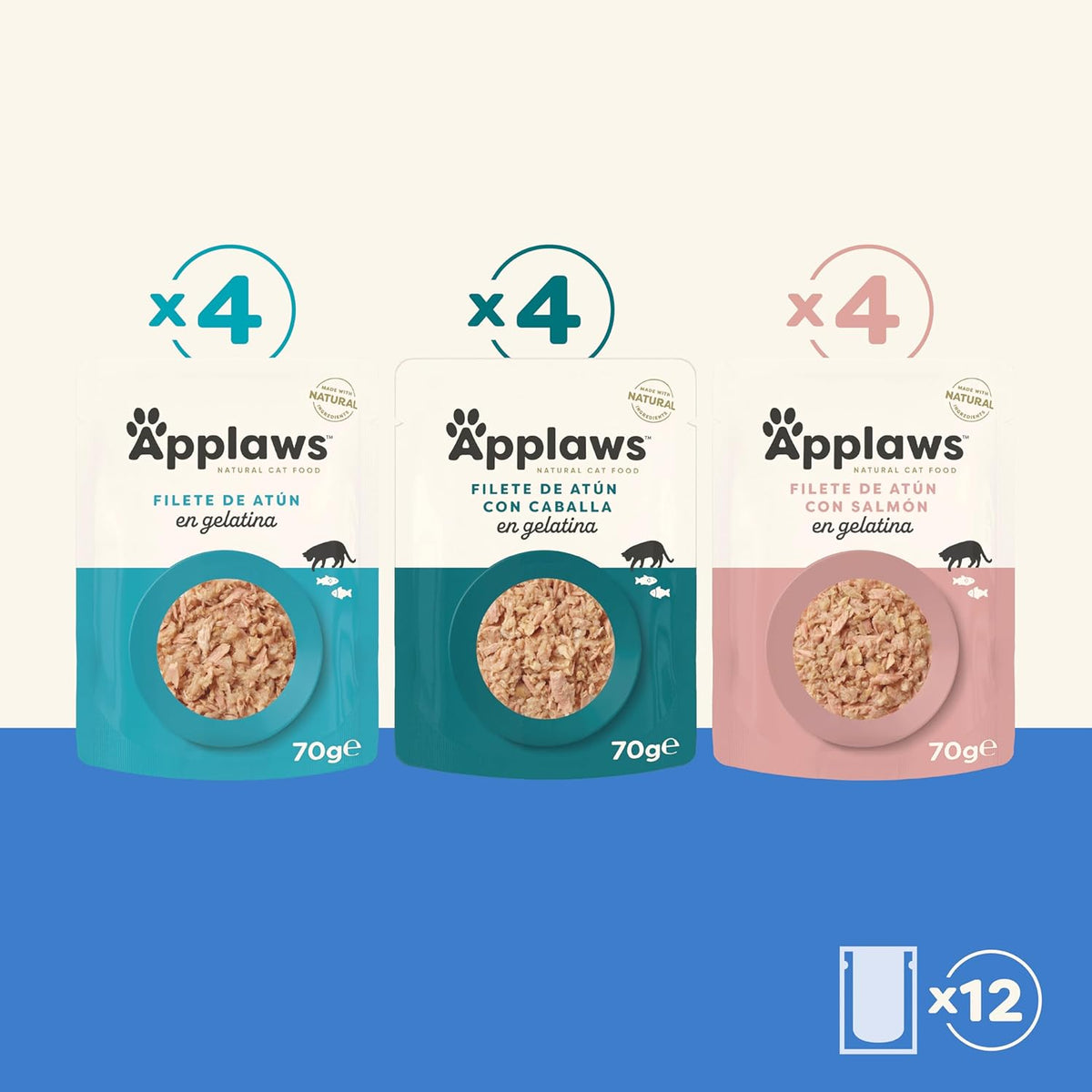 Doce sobres individuales del multipack Applaws sobres pescado en gelatina