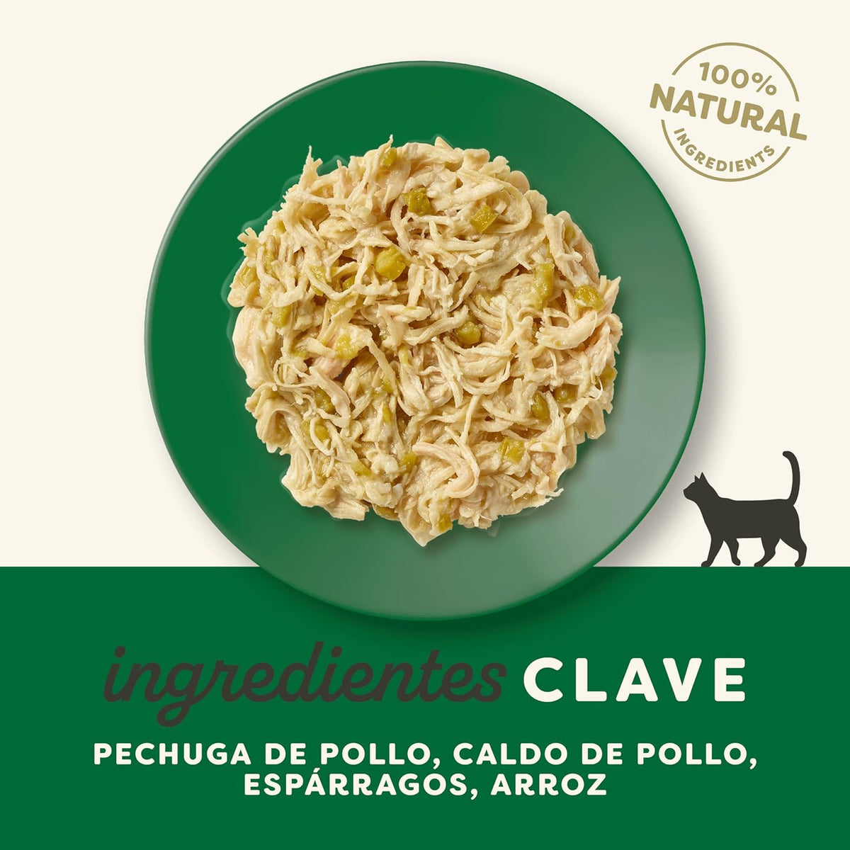 Detalle de la etiqueta con los ingredientes clave: pechuga de pollo, caldo de pollo, espárragos y arroz
