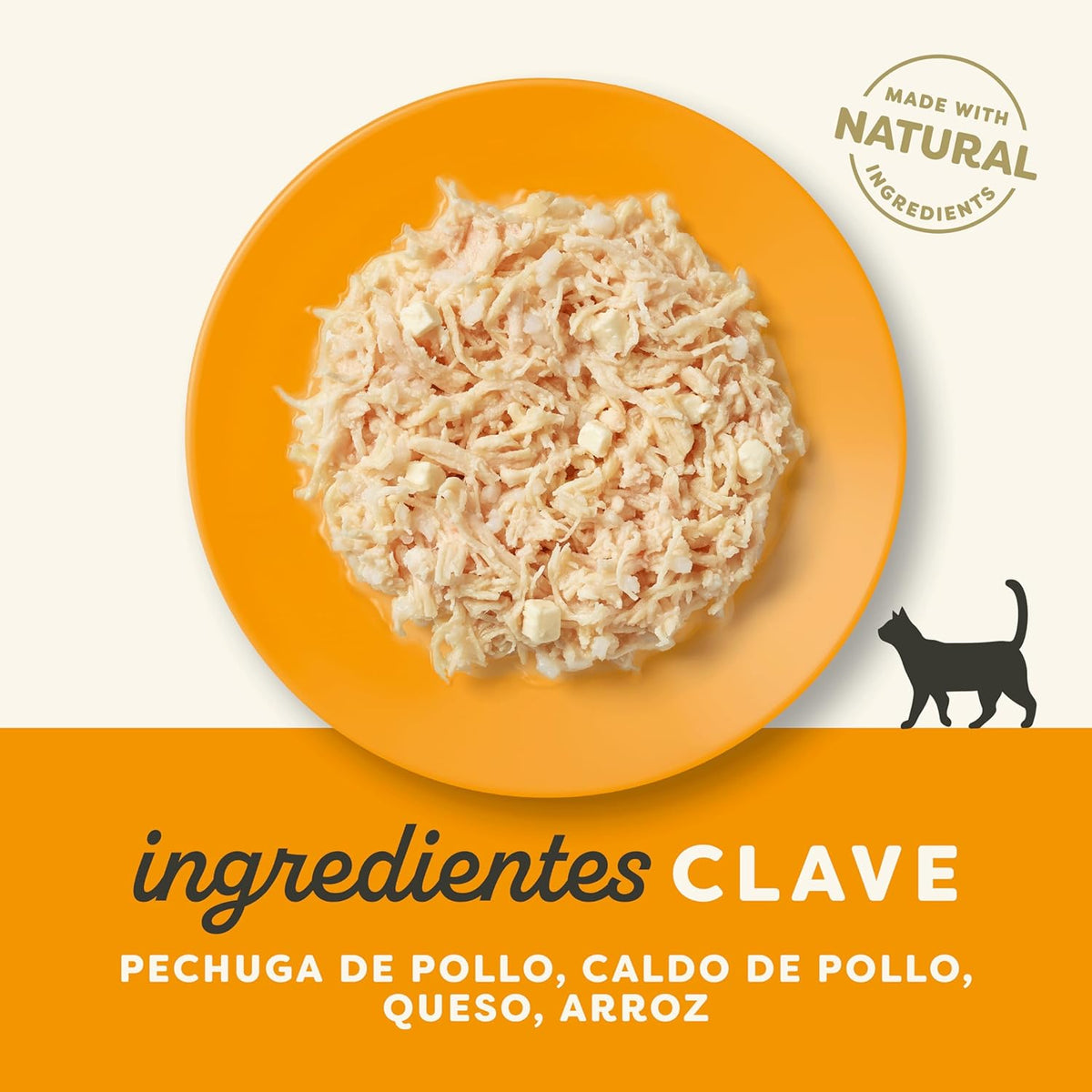 Lámina informativa de la marca con los ingredientes clave de esta receta de pollo y queso.