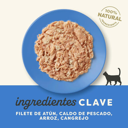 Ingredientes de la tarrina Applaws de atún con cangrejo sobre el plato azul
