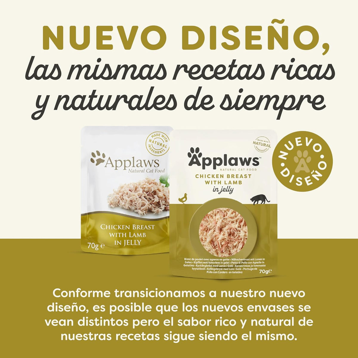 Lámina informativa de la marca acerca del nuevo diseño del envase de este sobre de pollo con cordero.