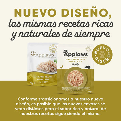Lámina informativa de la marca acerca del nuevo diseño del envase de este sobre de pollo con cordero.
