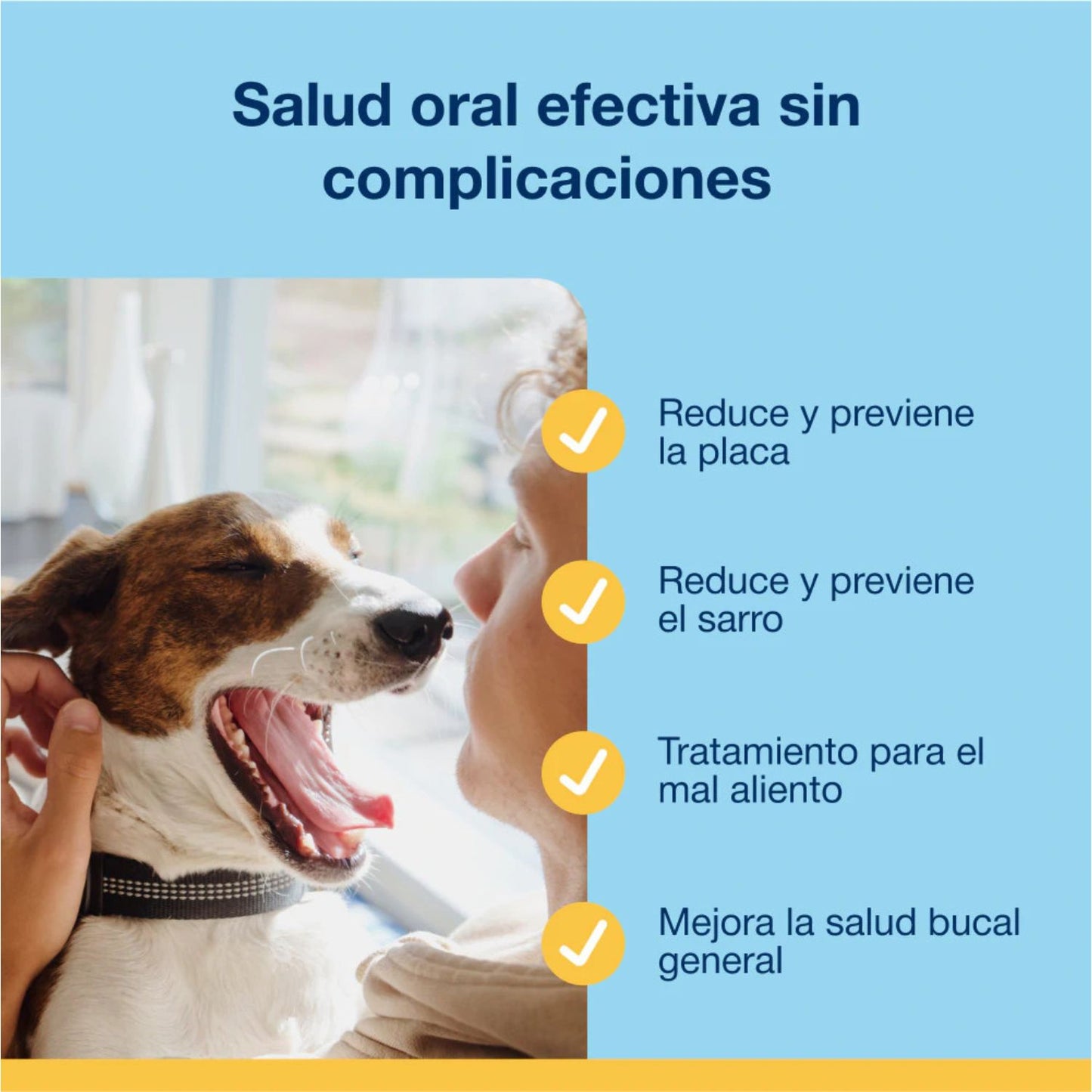 Perro bostezando junto a su tutor con lista de beneficios de ProDen PlaqueOff polvo para reducir placa, sarro, mal aliento y mejorar la salud oral general.