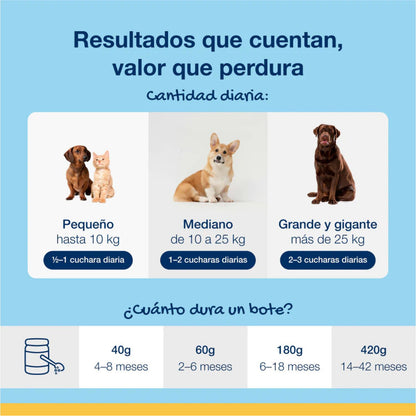 Tabla de dosis diarias de ProDen PlaqueOff polvo para perros y gatos pequeños, medianos y grandes, con indicación de cucharadas y duración del bote.