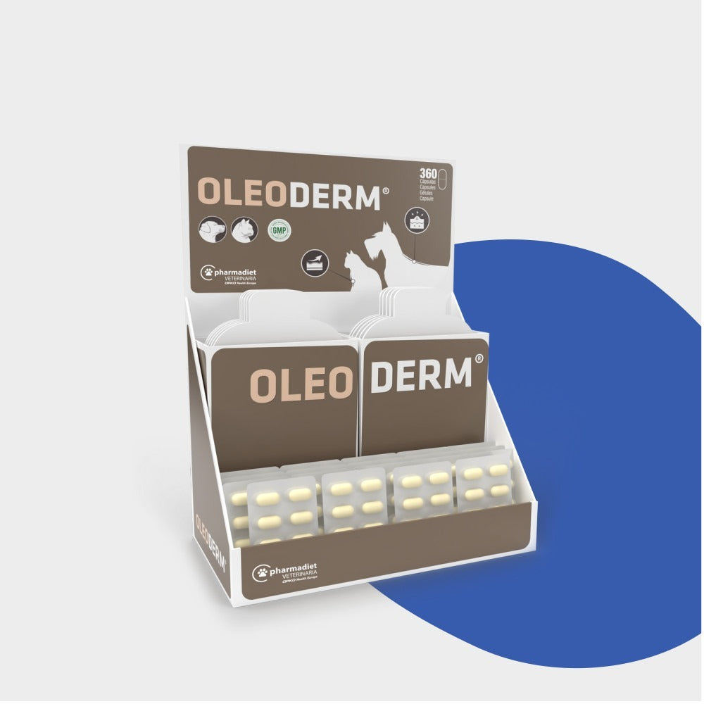 Envase clínico de Oleoderm cápsulas para perros y gatos de Pharmadiet, 360 cápsulas de gelatina blanda, EAN 8414042004810