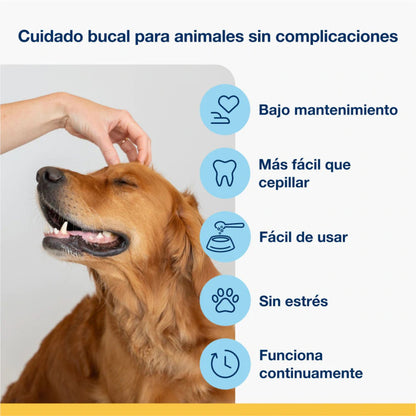 Perro feliz recibiendo caricias mientras se muestran iconos de beneficios de ProDen PlaqueOff polvo para una higiene bucal sencilla y sin estrés.