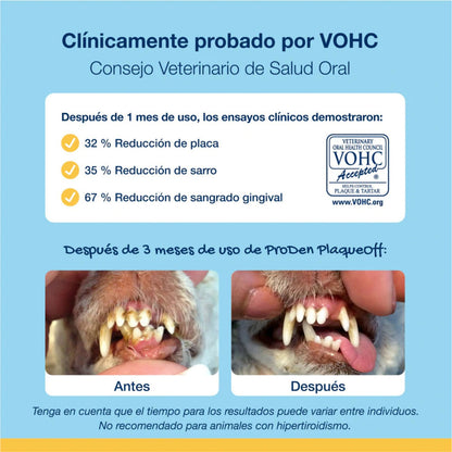 Comparativa de dientes de perro antes y después de usar ProDen PlaqueOff polvo, con datos de reducción de placa, sarro y sangrado gingival avalados por VOHC