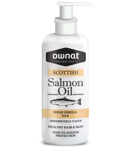 Botella de 250 ml de aceite de salmón escocés Ownat Salmon Oil para perros y gatos, EAN 8429037001859