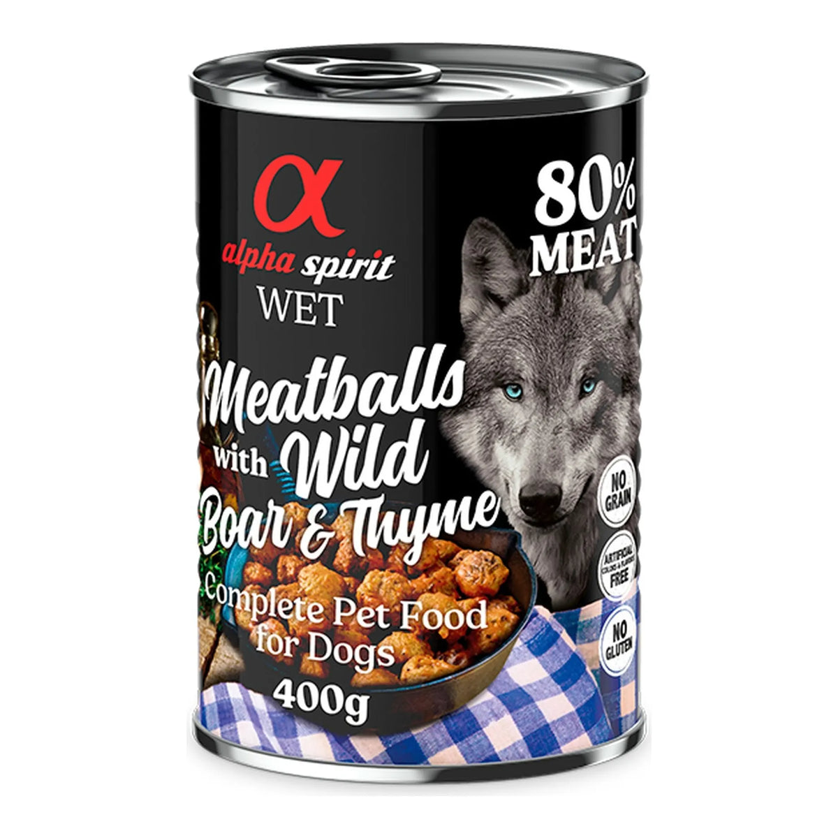 Albóndigas Alpha Spirit de jabalí y tomillo para perros, lata de 400 g, EAN 8437013576802
