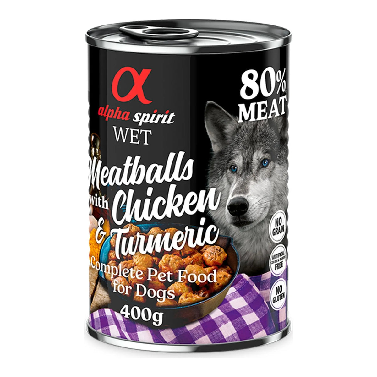 Albóndigas Alpha Spirit de pollo y cúrcuma para perros, lata de 400 g, EAN 8437013576826