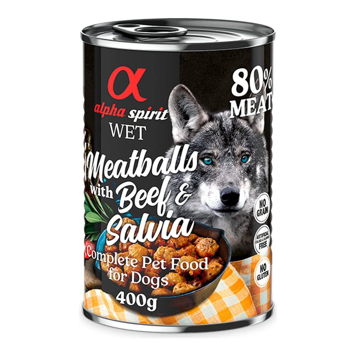 Albóndigas Alpha Spirit de ternera y salvia para perros, lata de 400 g, EAN 8437013576840