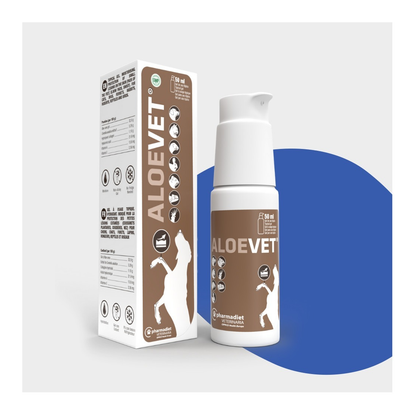 Estuche y envase dosificador de Aloevet gel para perros y gatos de Pharmadiet, 50 ml, EAN 8414042003783