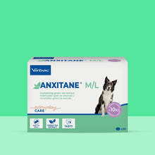 Caja Anxitane M/L Virbac 30 comprimidos sobre fondo verde menta bicolor, etiqueta blanca y verde, Border Collie blanco y negro, sello Medium Large más de 10 kg, iconos Easy to split Green tea extract Tasty, everyday care