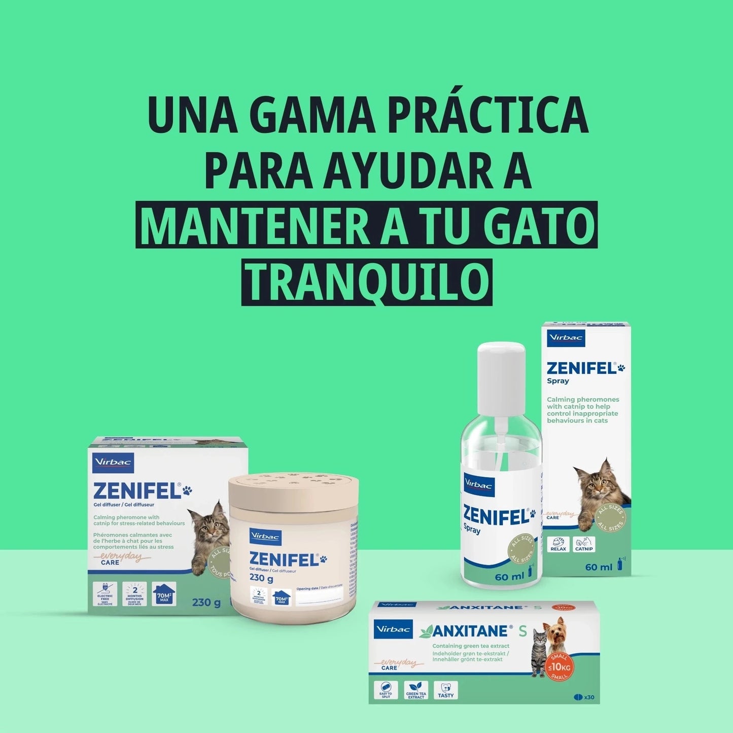 Gama Virbac para el bienestar y la tranquilidad del gato — Zenifel difusor 230g, Zenifel Spray 60ml y Anxitane S — sobre fondo verde con texto una gama práctica para tu gato