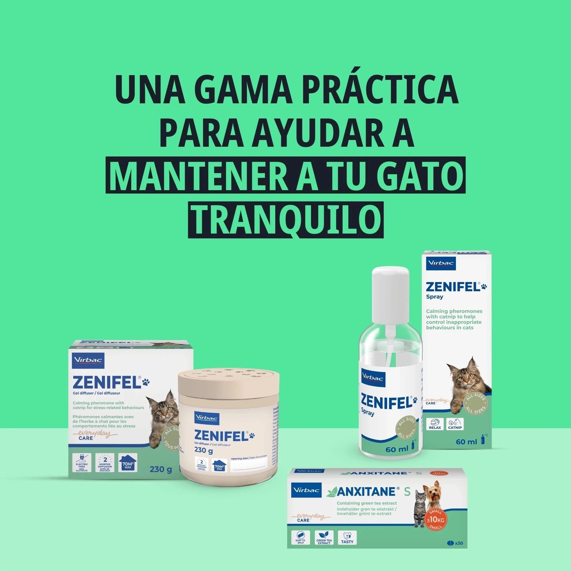 Gama Virbac para el bienestar y la tranquilidad del gato — Zenifel difusor 230g, Zenifel Spray 60ml y Anxitane S — sobre fondo verde con texto una gama práctica para tu gato