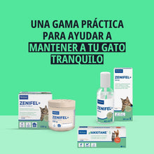 Gama Virbac para el bienestar y la tranquilidad del gato — Zenifel difusor 230g, Zenifel Spray 60ml y Anxitane S — sobre fondo verde con texto una gama práctica para tu gato