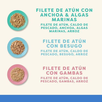 Sobres Applaws de filete de atún con anchoa y algas marinas, con besugo y con gambas en caldo para gato, ingredientes visibles en platos de colores