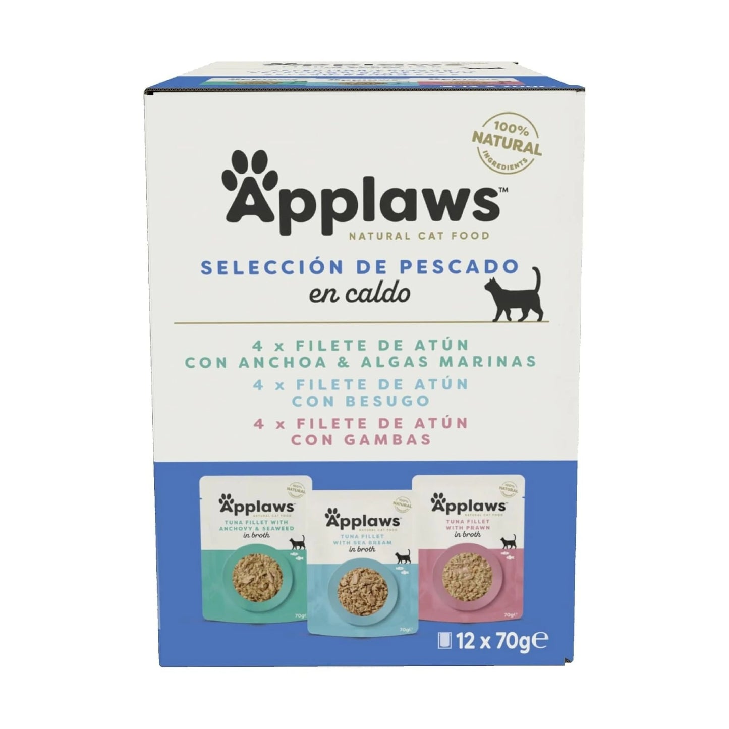 Caja de Applaws Selección de pescado en caldo para gatos con descripción de 12 sobres de filete de atún con anchoa y algas marinas, besugo y gambas.