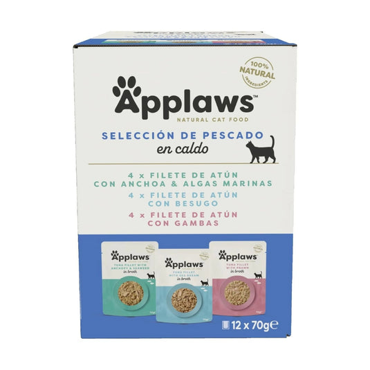 Caja de Applaws Selección de pescado en caldo para gatos con descripción de 12 sobres de filete de atún con anchoa y algas marinas, besugo y gambas.