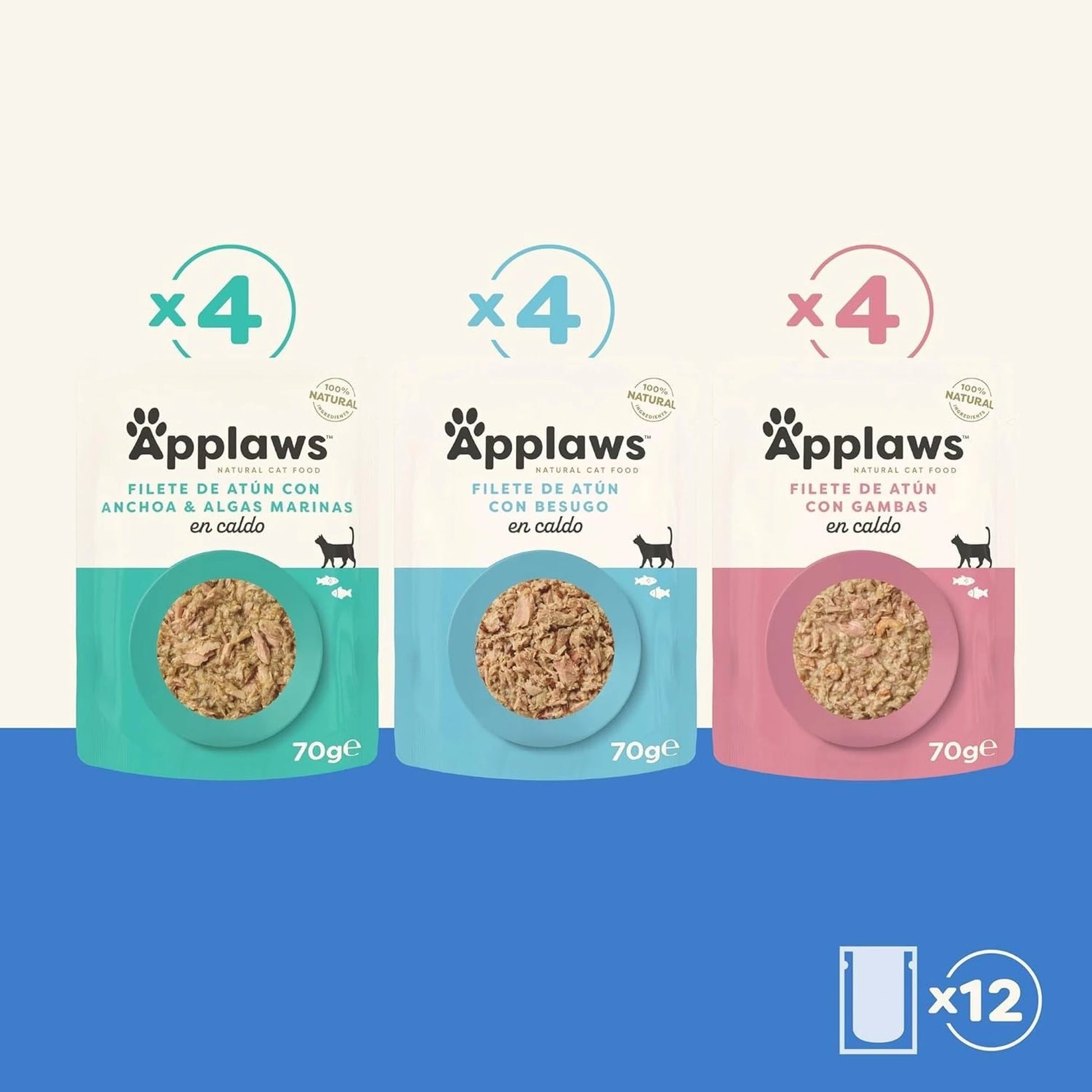 Tres sobres Applaws de filete de atún en caldo para gatos sabores anchoa y algas marinas, besugo y gambas, pack variado de 12 unidades.