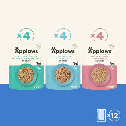 Tres sobres Applaws de filete de atún en caldo para gatos sabores anchoa y algas marinas, besugo y gambas, pack variado de 12 unidades.