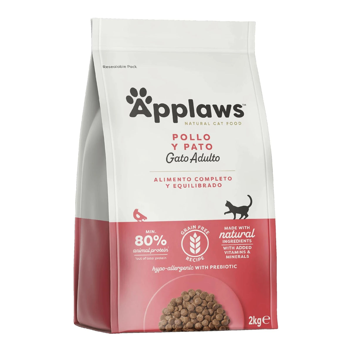 Envase del pienso Applaws gatos pato para gatos adultos, bolsa de dos kilos