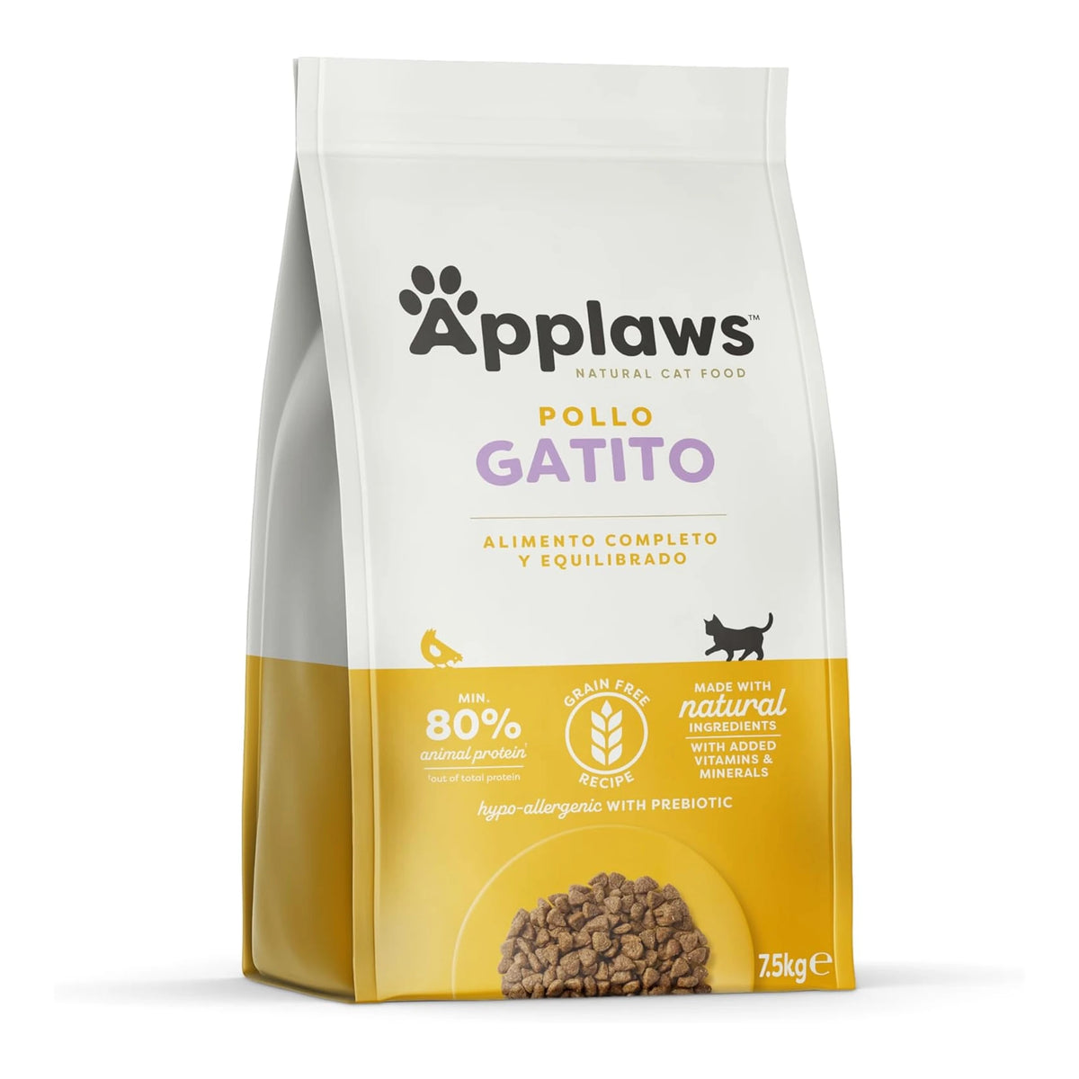 Envase en español del mismo pienso Applaws gatitos pollo, bolsa de siete kilos y medio