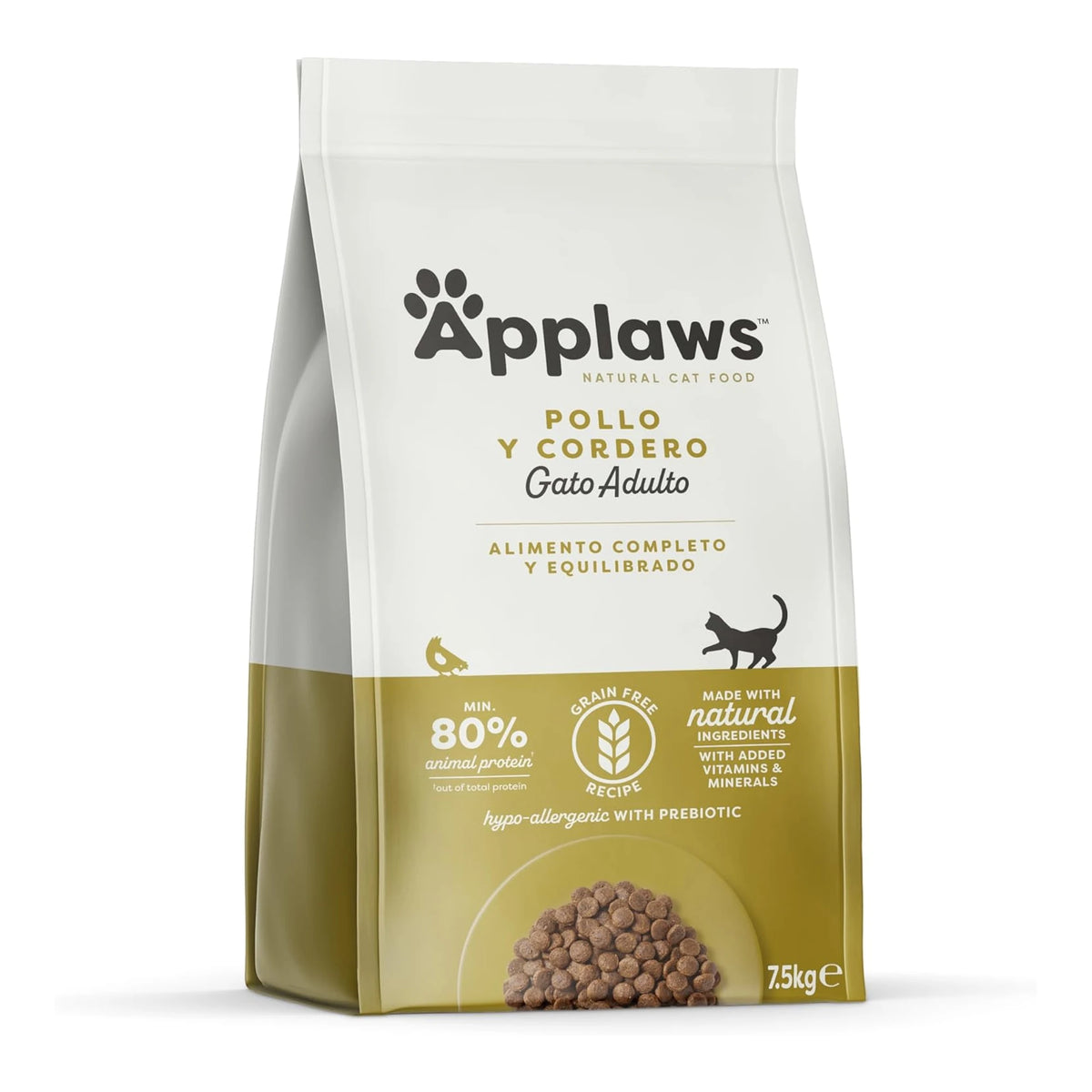 Otra vista del mismo envase del pienso Applaws gatos cordero, bolsa de siete kilos y medio