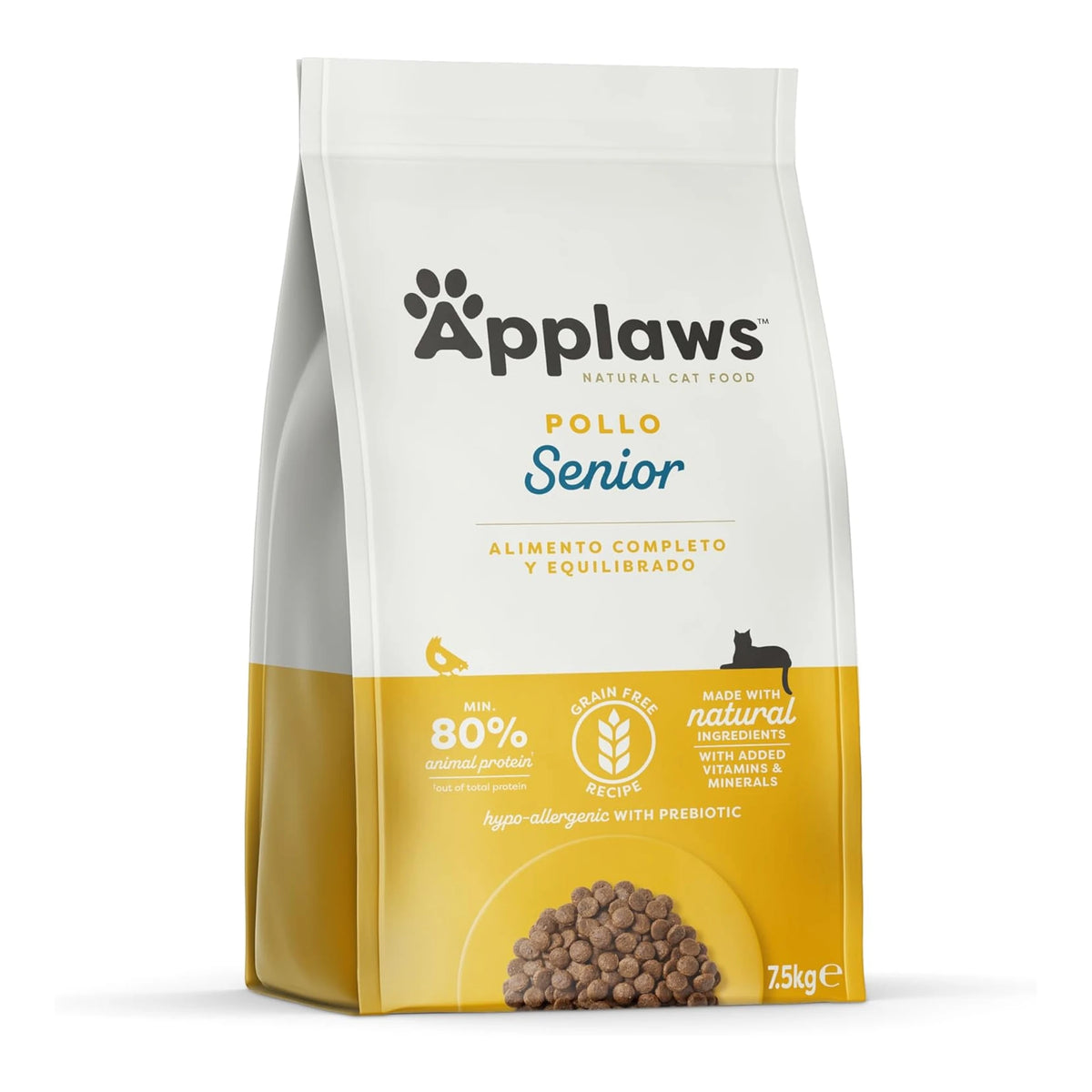 Otra vista del mismo envase del pienso Applaws gatos senior, bolsa de siete kilos y medio