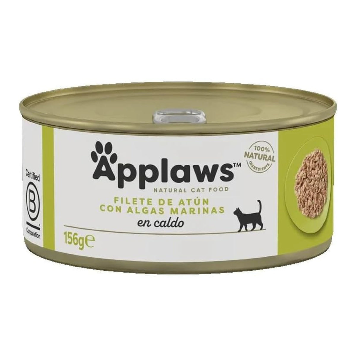 Envase de la lata Applaws de atún con algas para gatos en el formato de 156 gramos.