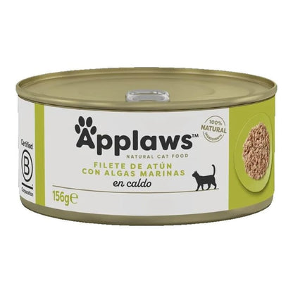 Envase de la lata Applaws de atún con algas para gatos en el formato de 156 gramos.